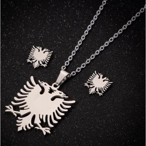 Oly2u Albania Flag Double Headed Bird Shaped Jewelry Sets Chic Stainless Steel Eagle Necklaces for Men Women Party Wear
