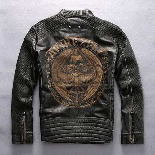 AVIREXFLY Mens Genuine Leather Embroidery Skull Motor Vintage Pattern Black Jacket Luxury Cowhide Coat Free Shipping