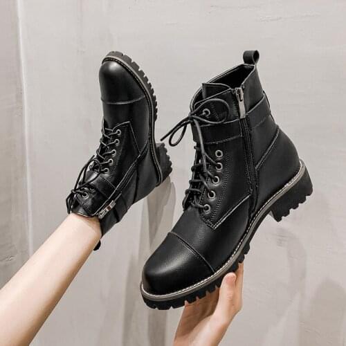 Thick soled concise shoes thicken in autumn and winter Womens boots short tube lace up black boots Fashion casual high heels