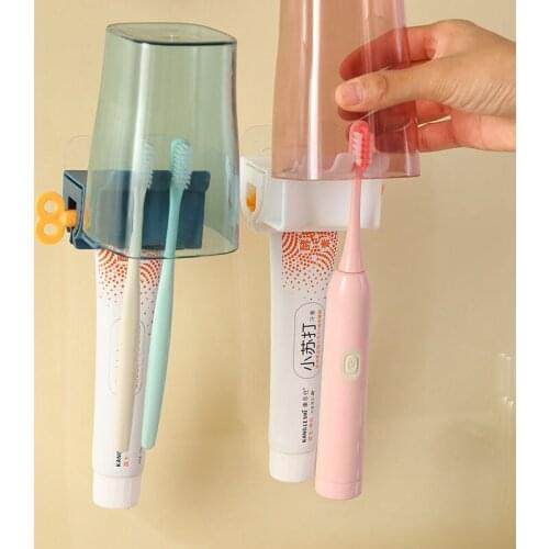 Wall-Mounted Double Card Toothbrush Holder With Toothpaste Squeezing Can Be Hung With Mouthwash Cup Storage Rack U3