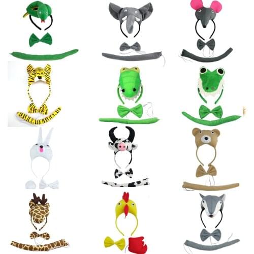 12 Pack Jungle Animal Ear Headbands Tail Bow Tie Costume Set Halloween Christmas Cosplay Birthday Theme Party Supply