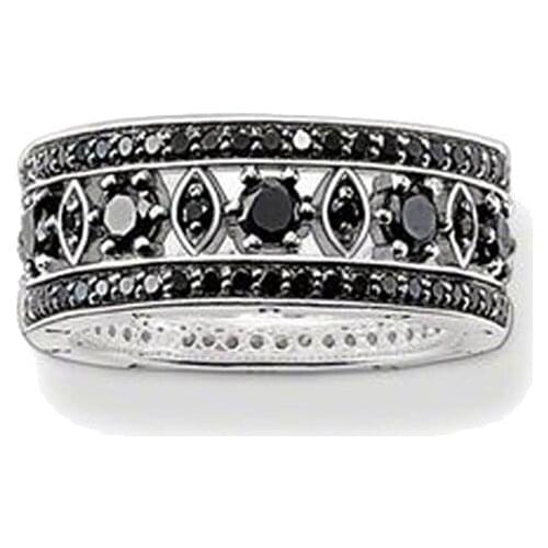 Silver Rhombus Black CZ Hollow Rings, 2018 Thomas Style Arabesque Band Ring Jewelry Bijoux Love Ring Glam Gift for Women Men