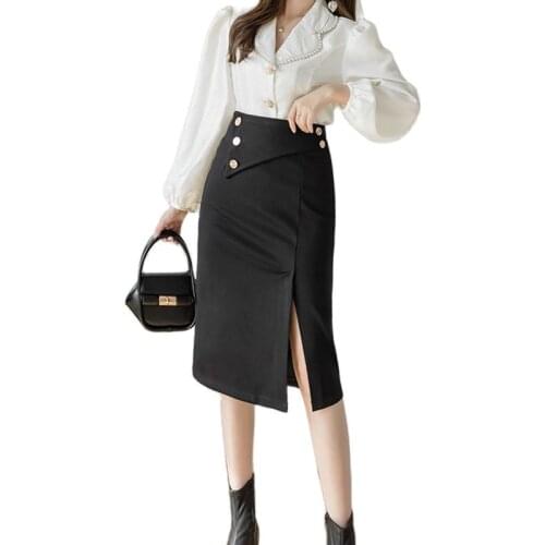 Korean casual office work wear high waisted bodycon vintage cotton skirt white black red slit midi pencil skirt women C294