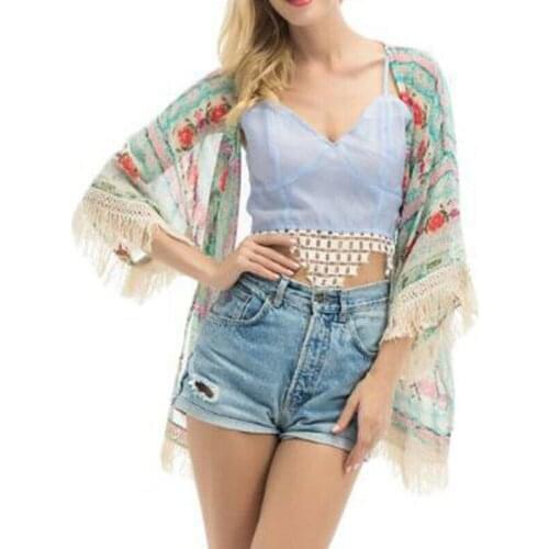 Womens Boho Floral Chiffon Shawl Kimono Cardigan Top Beach Cover Up Blouse Vest Shirt