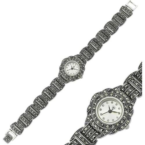 Silverlina Silver Marcasite Cubic Zirconia Womens Clock