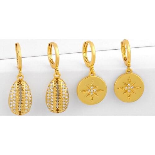 Crystal Gold Shell Drop Earrings For Women Round Small Star Earrings Micro Pave CZ Zirconia Summer Huggie Jewelry erss76