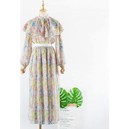 2 Piece Set Women Floral Long Sleeve Chiffon Blouse Summer Clothes for Women Ruffles Chiffon Maxi Skirts Two Piece Set Women 578