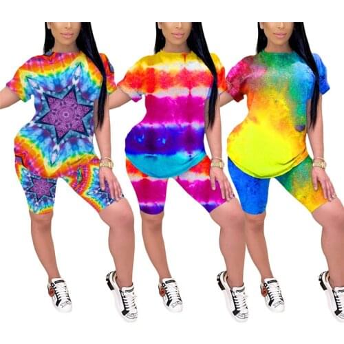 Tie-Dyeing Print Outfits Women O Neck Short Sleeve Two Piece Set Slim Set Women Tracksuit T-shirt Top Training Suits Streetwear