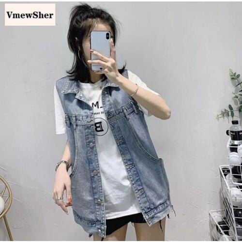 VmewSher New Spring Vintage Women Vest Sleeveless Denim Jacket Famale Summer Fashion Single Breasted Solid Chic Jean Waistcoat