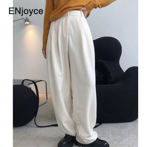 2020 Winter Warm Woolen High Waist Wide Leg Pants Female Vintage Women Harajuku Trousers Chic Loose Oversize Harem Pant