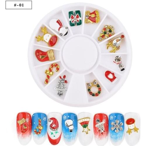 12 Pack Christmas Nail Alloy Metal Charms 3D Rhinestones Decor Manicure Christmas Tree Snowflakes Elk Ornament UV Gel Polish Art