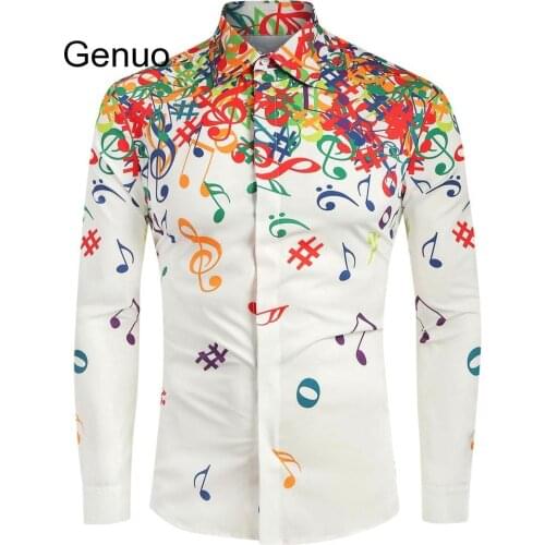 Camisa De Los Hombres Novelty Blouse Men Casual Musical Note Pattern Casual Long Sleeves Artistic Shirt Top