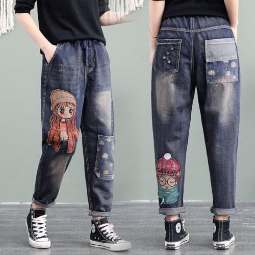 Elastic Waist Jeans Spring Summer Korean Retro Jeans Female Cartoon Girl Patch Pocket Embroidery Distressed Harem Pants Women