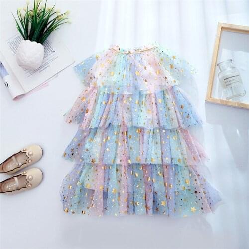 Elegant Girls Dresses Flare Sleeve Star Applique Layered Clothes Summer Party Wear Wedding Party Clothing Childrens Dresses