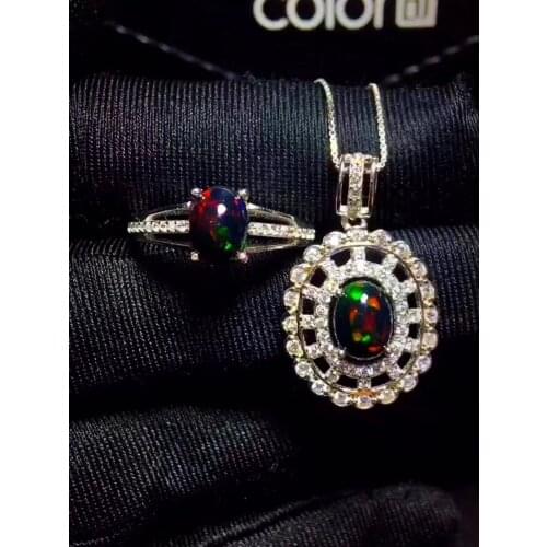 Natural Black Opal Suit, Ring Necklace , Beautiful Fire, Wonderful Starlight Patterns, 925 Silver