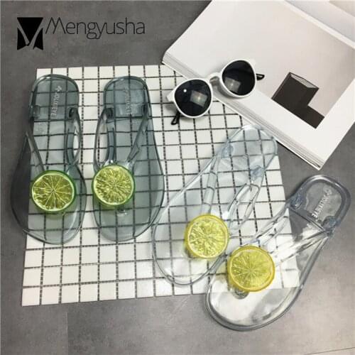Cool beach sandals girls 3d lemon fretwork jelly flip flops mujer transparent flats heel slides clip toe newest slippers women