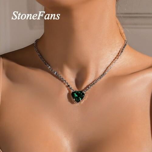 Stonefans Fashion Green Heart Necklace with Rhinestones for Women Love Statement Necklace Charm Choker Bridal Wedding Jewelry