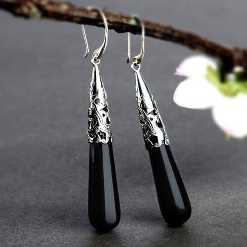 Fashion Woman Earrings 925 Silver Color Earrings Natural Black Turquoise Earrings Jewelry Wedding Engagement Party Earrings Gift