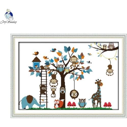Joy Sunday Happy zoo Pattern Cross Stitch Kits 11CT Printed Fabric 14CT Canvas DMC Counted Cross-stitch Embroidery Needlework