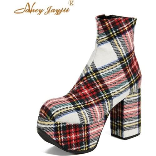 Plaid Gingham Platform Ankle Boots Block Chunky Heels Big Size Super High Heeled Dress Party Ladies Shoes For Women Spring 2019