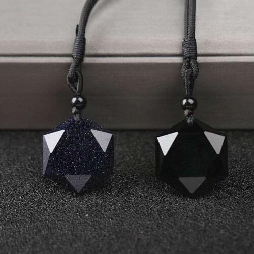 Natural Obsidian Blue sandstone Energy stone Hexameron Pendant Necklace Jewellery Fashion Accessories Hand-Carved Amulet Gifts