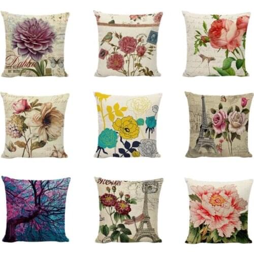 Cushion Covers Vintage Flowers Cotton Linen Yard Decor Chair Seating Garden Bedroom Camping Gifts Cotton Linen Square Pillowcase