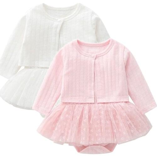Autumn New Born Baby Girl Clothes Set Solid Cotton Sleevless Tutu Dress Romper+Long Sleeve Cape 2pcs Korean Kid Infant Clothing