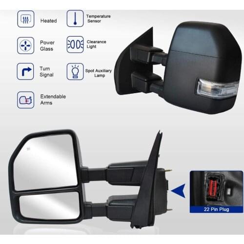 A Pair Of Towing Mirrors for Ford F250 F350 F450 F-550 Super Duty 2017 - 2020 with Spot Auxiliary Lamp Temperature Sensor
