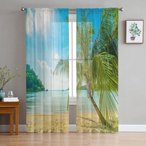 Sandy Beach Tropical Palm Trees Sheer Tulle Window Curtains For Living Room Bedroom Kitchen Veiling Curtain Home Decoration