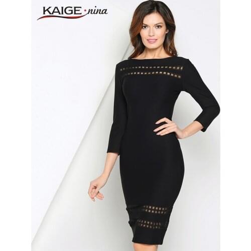 Kaige.Nina New Womens Brief Pure Color Style 7 Minutes Of Sleeve Hollow-out Decorative Straight Knee-length Autumn Dress 1606 a