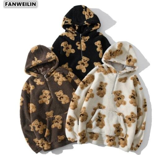 Akatsuki Fashion Mens Lambswool Thicken Jackets Autumn Winter Vintage Bear Print Hooded Pullover Couple Zip UP Cardigan Hoodies