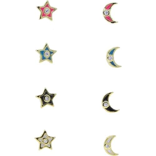 Top Quality Christmas Gift Colorful Classic Gold Vermeil Girl Women Jewelry Gold Color Neon Enamel Star Moon Charm Stud Earring