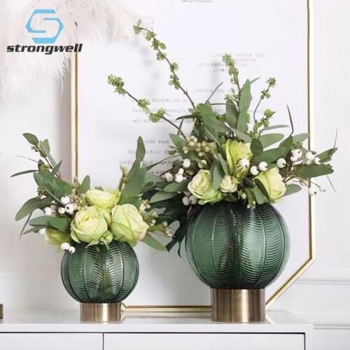 Strongwell Antique Leaves Patter Flower Vase With Metal Base Glass Flower Arrangment Home Decoration Crafts Round Vases Artware