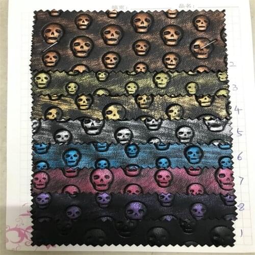 Gold stamping small skull head print synthetic leather fabric by the yard for sewing clothing bag diy material