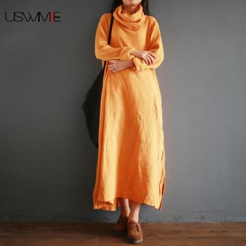 2020 Vintage Dress Literary Bottom Simple High Collar Vestidos 5 Colors Solid Color Long Sleeve Comfort Vent Plus Size Dress
