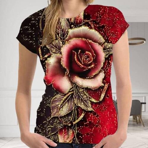 Summer Casual V-neck Multicolor Rose Print Flower Short-sleeved T-shirt T-shirt Female Pullover Loose 2021 Street S-5XL Hip Z5W5