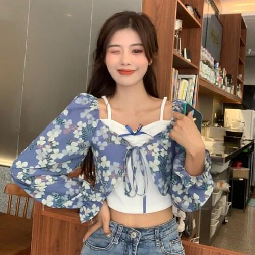 2021 Blue Floral Print Tie Front Top and Blouses Shirts Square Collar Puff Sleeve Elegant Vintage Sexy Shirt Tops Chic