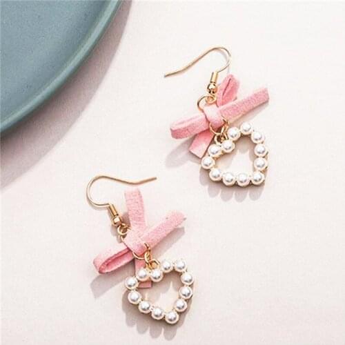 2020 Hot Sale Pink Bow Earrings For Women Girls Love Heart Simulated Pearl Earrings Boucle D'oreille Brinco Cheap Wholesale