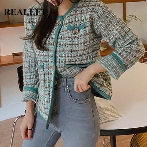REALEFT Autumn Winter Single Breasted Vintage Plaid Womens Jacket 2021 New Long Sleeve Office Female Casual Outwear Pockets