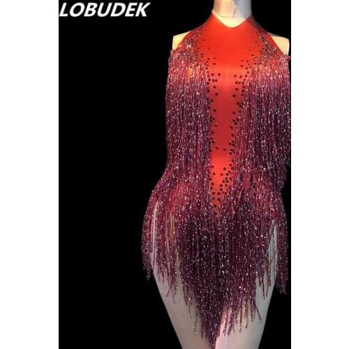 Female Dance Teams Jazz Stage Outfit Red Tassels Rhinestones Backless Bodysuit Nightclub Bar DJ Singer Latin Pole Dance Costume