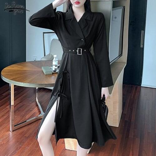 Spring New Irregular Office Lady Dresses for Women Long Sleeve Dress Women Notched Sashes Split Sexy Female Dress Vestidos 12559