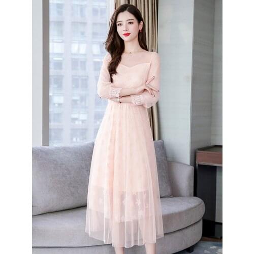 New 2019 Women Lace Dress Female Spring Summer Long Mesh Dresses Elegant Fairy Party Dress For Woman AIYANGA