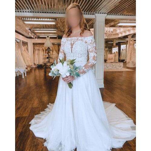 Long Sleeves Bridal Wedding Dress 2021 Free Veil A-Line Lace Tulle vestidos de novia Buttons Designer robe de soirée de mariage