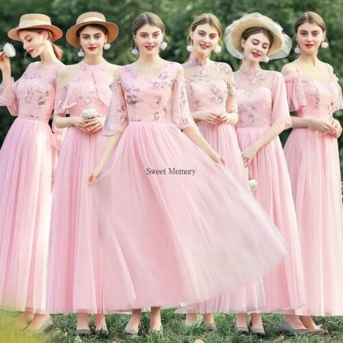 Gray Pink Champagne Bridesmaid Dresses 2021 A-Line Mesh Wedding Party Dress Elegant Women Vestidos Prom Graduation Robes