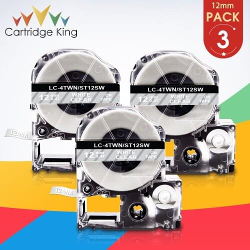 3PK Label Tape for Epson 12mm White on Clear ST12SW LK-4TWN Adhesive Ribbon for Kingjim/Epson Label Maker LW300 LW400 LW-600P