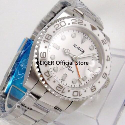 BLIGER Sapphire Luxury Automatic Mens Watch 43mm White Dial Ceramic Rotating Bezel GMT Function Wristwatch
