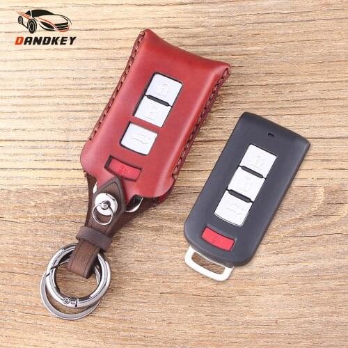 DANDKEY 3+1 Buttons Genuine Leather Protector Key Case Fob For Mitsubishi Lancer Outlander Galant 4 Button Key Cover Case