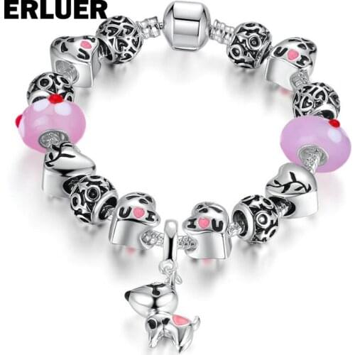 ERLUER European Fashion popular DIY Bangle Cute puppy pendant Charm Crystal Glass Beads Bracelets & Bangles Jewelry For Women