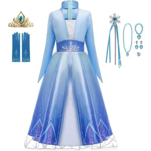 Frozen 2 New Elsa Dress Carnival Princess Costume Snow Queen 2 Elsa Dresses Girls Crystal Light Blue Long Sleeve Princess Dress