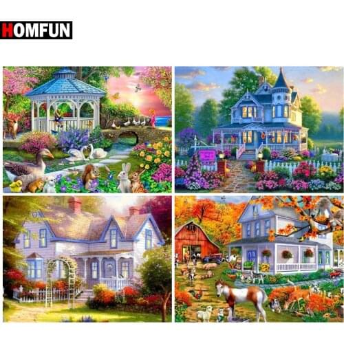 HOMFUN Square Round Drill 5D Diamond Painting Environmental Crafts Full Diamond Embroidery "Beautiful scenery house" Home decor